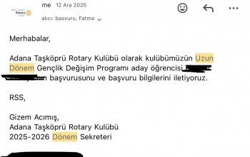 Adana Taşköprü Rotary Kulübü Uzun Dönem Gençlik Değişim Adayı