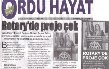 Ordu Rotary Kulübü Başkanı Rtn. Meltem Erbaş’ın bu haftaki mesajı “ Rotary’de Proje Çok “ ve “Proje Üretmeye Devam” başlığı  ile basında yer aldı.