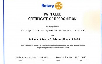 İkiz Kulüp Anlaşmamız: Adana Güney Rotary Kulübü (D2430) ve Kyrenia St Hillarion Rotary Kulübü (D2452)
