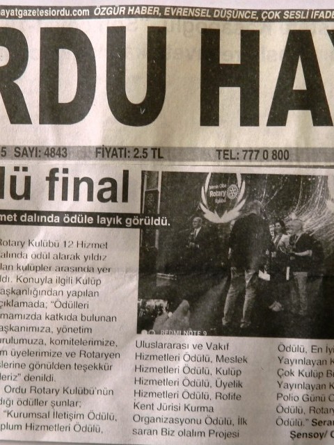 Ordu Rotary Kulübünün ödülleri “12 Ödüllü Final” başlığı ile basında yer aldı.