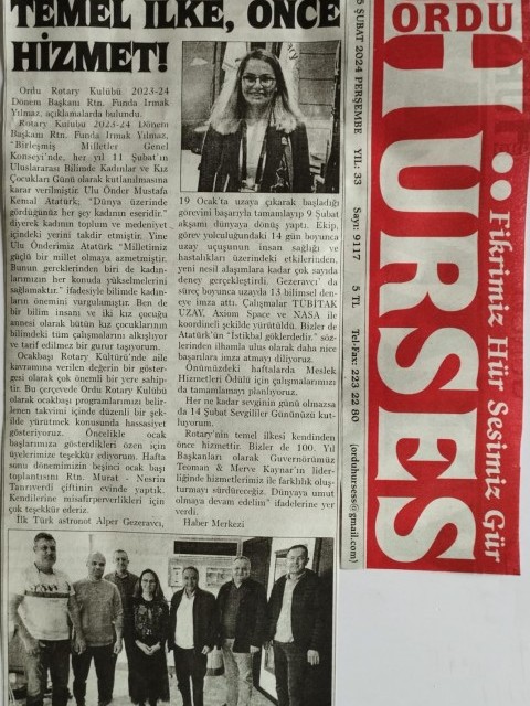 Ordu Rotary Kulübü Başkanı Rtn. Funda Irmak Yılmaz'ın mesajı basında yer aldı.