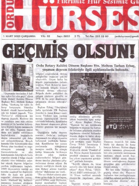 Ordu Rotary Kulübü Başkanı Rtn. Meltem Erbaş’ ın Depremle İlgili mesajı basında yer aldı.