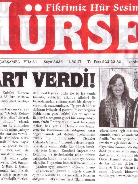 Ordu Rotary Kulübü Dönem Başkanı Rtn. Meltem Erbaş’ın mesajı “Start verdi” başlığı ile basında yer aldı.