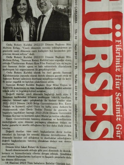 Ordu Rotary Kulübü Başkanı Rtn. Metlet Erbaş'ın  bu haftaki mesajı " Hizmet Bitmez  ve Rotary Kulübünde Birliktelik " başlığı  ile basında yer aldı.