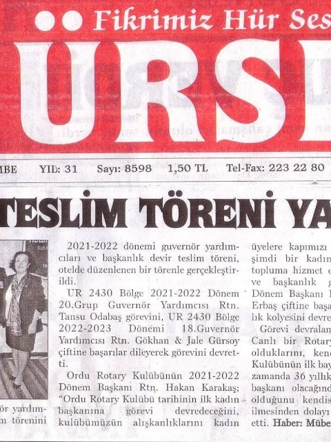 Ordu Rotary Kulübünün Devir Teslim Törenimiz Basında yer aldı.