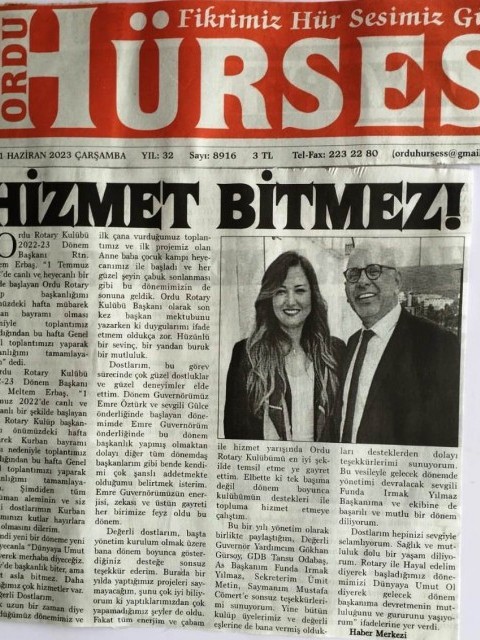Ordu Rotary Kulübü Başkanı Rtn. Meltem Erbaş'ın bu haftaki mesajı basında yer aldı.