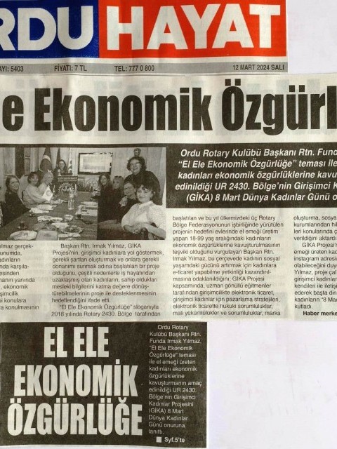 UR 2430. Bölge’nin Girişimci Kadınlar Projesi (GİKA)’nın Ordu’da Basında geniş bir şekilde yer aldı.
