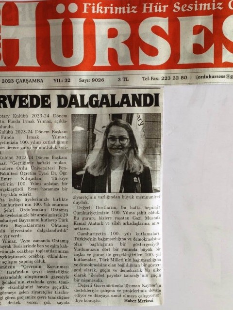Ordu Rotary Kulübü Başkanı Rtn. Funda Irmak Yılmaz'ın bu haftaki mesajı "Zirvede Dalgalandı" başlığı ile basında yerini aldı.