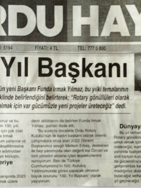 Ordu Rotary Kulübü Başkanı Funda Irmak Yılmaz'ın mesajı "100.YIL BAŞKANI" başlığı ile basında yer aldı.