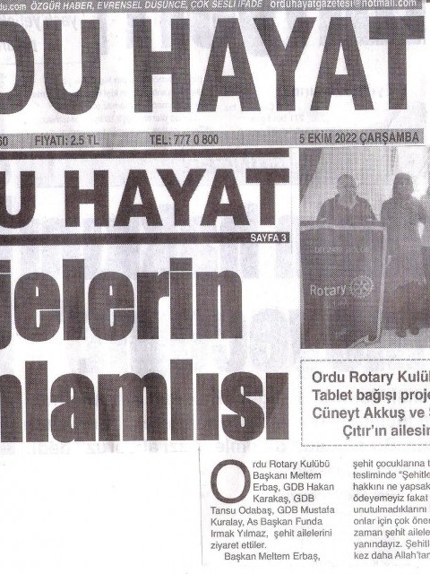 Ordu Rotary Kulübünün taplet etkiliğine basın geniş yer verdi