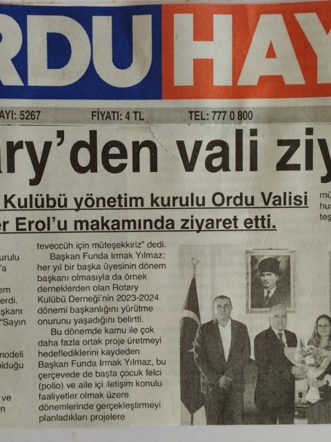 Ordu Rotary Kulübünün Valimiz Sn. Muammer Erol’a ziyareti ile ilgili basın haberleri.