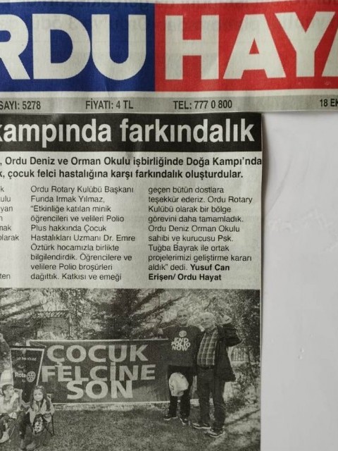 Ordu Rotary Kulübü bu hafta gerçekleştirdiği, Çocuk Felcine Son farkındalık etkinliği basında yer aldı.