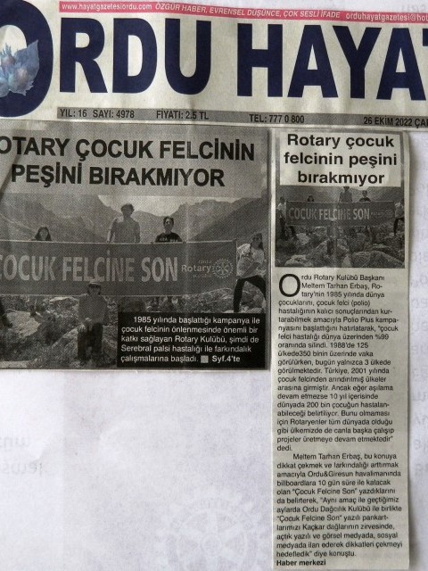 Ordu Rotary Kulübü Başkanı Rtn. Meltem Erbaş'ın Polio ile ilgili mesajı basında yer aldı.