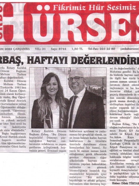 Ordu Rotary Kulübü Başkanı Rtn. Meltem Erbaş'ın bu haftaki mesajı "Erbaş, Haftayı Değerlendirdi" başlığı  ile basında yer aldı.