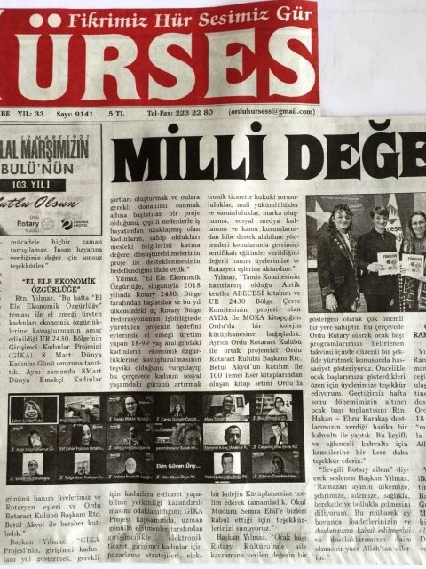 Ordu Rotary Kulübü başkanı Rtn. Funda Irmak Yılmaz’ın bu haftaki mesajı ve Kulübümüzün etkinliği  ile ilgili basın haberleri..