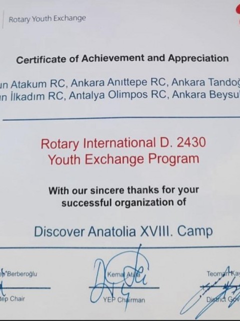 ANTALYA OLİMPOS ROTARY KULÜBÜ 'DİSCOVER ANATOLİA' PROJESİ SERTİFİKASI