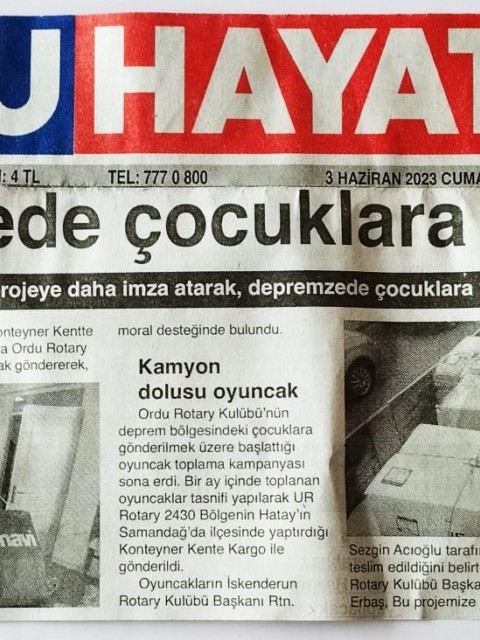Depremzede Çocuklara Oyuncak Projemiz Basında yer aldı..