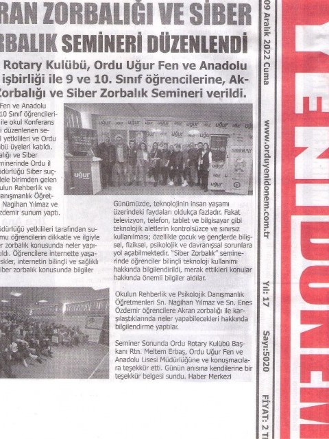 Ordu Rotary Kulübünün Akran Zorbalığı ve Siber Zorbalık ile ilgili semineri basında yer aldı.