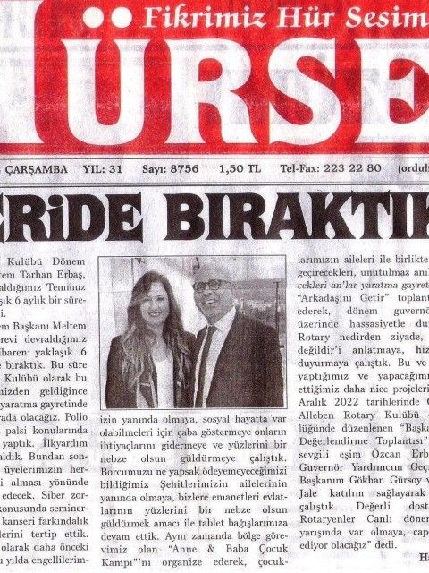 Ordu Rotary Kulübü Dönem Başkanı Rtn. Meltem Erbaş’ın bu haftaki mesajı “GERİDE BIRAKTIK” başlığı ile basında yer aldı.
