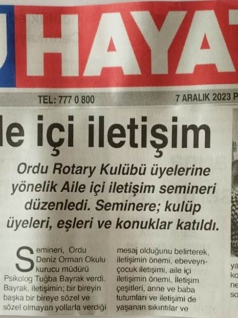 Ordu Rotary Kulübü Aile İçi İletişim Seminerinin Basın Haberleri...
