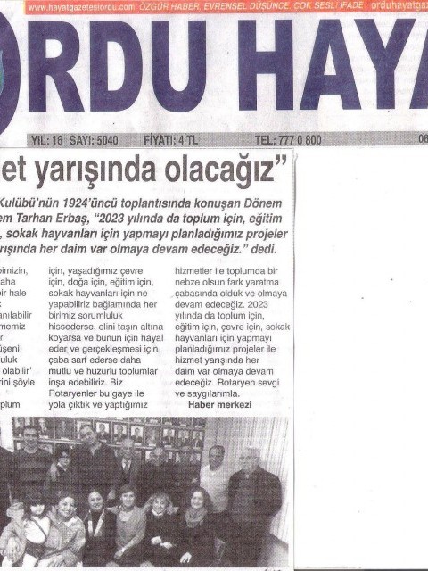 Ordu Rotary Kulübü "Hizmet Yarışında olacağı" Başlığı  ile basında yer aldı.