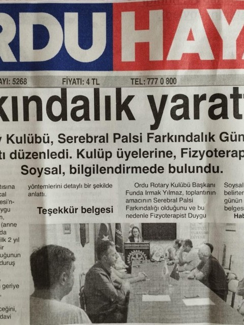 Ordu Rotary Kulübünün 6 Ekim Dünya Serebral Palsi Günü ile ilgili  Basın Haberleri.