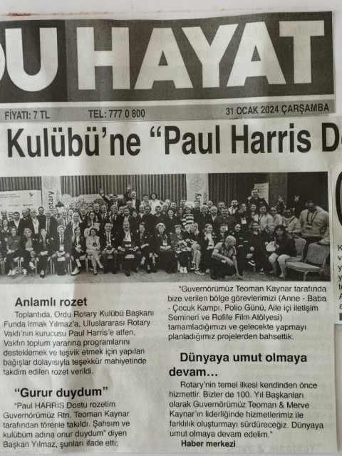 Ordu Rotary Kulübünün 31 Ocak 2024 tarihli yerel gezete haberi