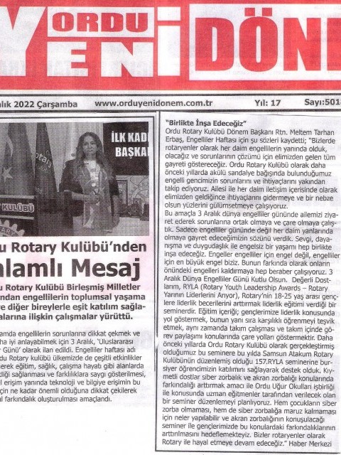 ORDU ROTARY KULÜBÜ BAŞKANI MELTEM ERBAŞ'IN MESAJI