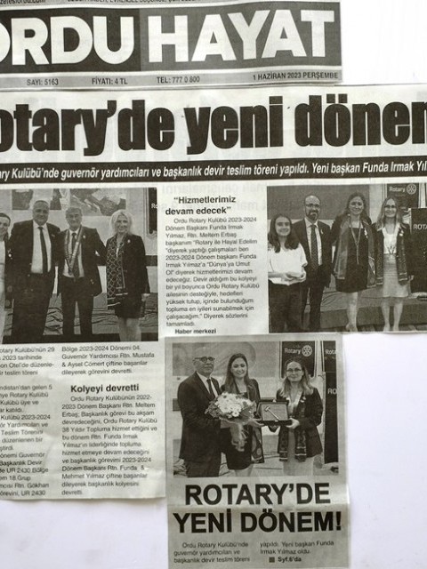 Ordu Rotary Kulübünün Devir Teslim Töreni basında yer aldı.