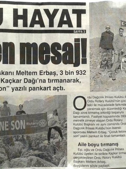 Ordu Rotary Kulübünün Polio (Çocuk Felci) Farkındalık Etkinliği ZİRVEDEN MESAJ başlığı ile Basında yer aldı.
