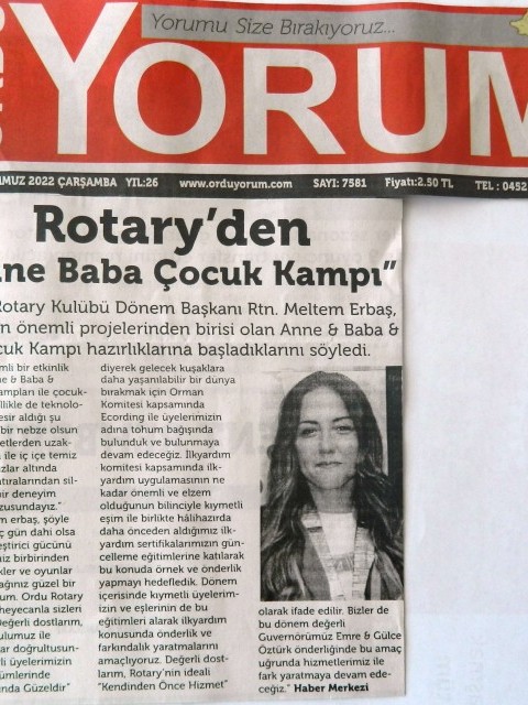 Ordu Rotary Kulübünün 1901 Toplantısı ve bu hafta sonu gerçekleştireceği Anne –Baba Çocuk Kampı projesi basında yer aldı.