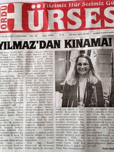 Ordu Rotary Kulübü Başkanı Rtn. Funda Irmak Yılmaz’ın bu haftaki mesajı basında yer aldı.