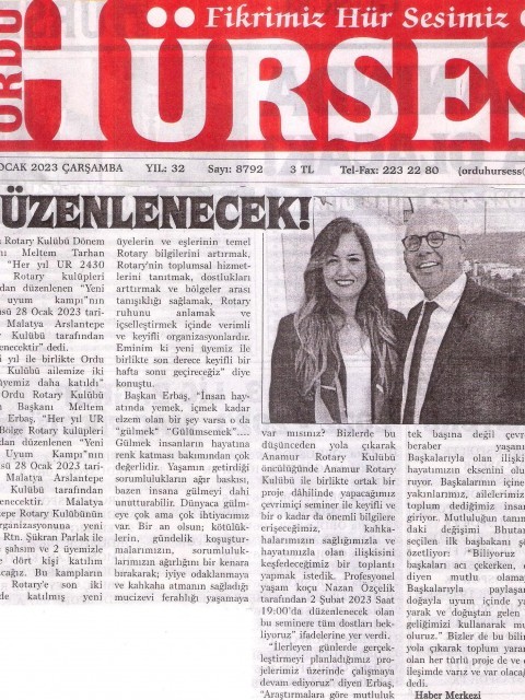 ORDU ROTARY KULÜBÜNÜ BAŞKANI MELTEM ERBAŞ'IN 25 OCAK 2023 TARİHLİ MESAJI