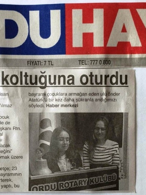 Ordu Rotary Kulübünün 23 Nisan Ulusal Egemenlik ve Çocuk Bayramında başkanı Neva Yılmaz oldu.
