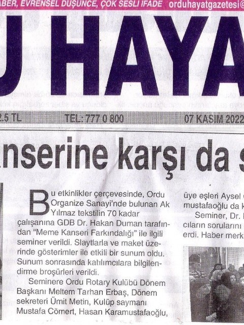 Ordu Rotary Kulübünün Erken Tanı Hayat Kurtarır Etkiliğimiz Basında Yer Aldı.