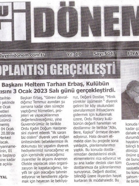 Ordu Rotary Kulübünün 10 Ocak 2023 tarihli basın haberi...