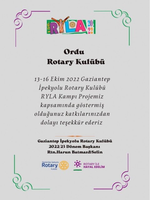 ORDU ROTARY KULÜBÜ 156.RYLA SEMİNERİNDE 1 KATILIMCIYA SPONSOR OLDU.