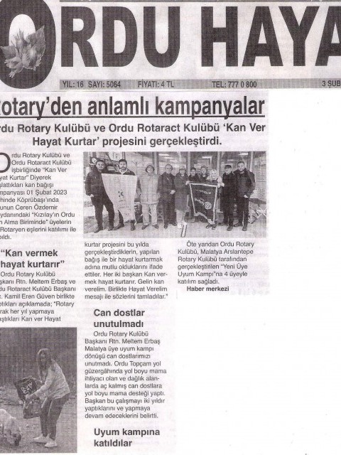 Ordu Rotary Kulübü Kan Bağışı ve diğer etkinlikleri basında ver aldı.