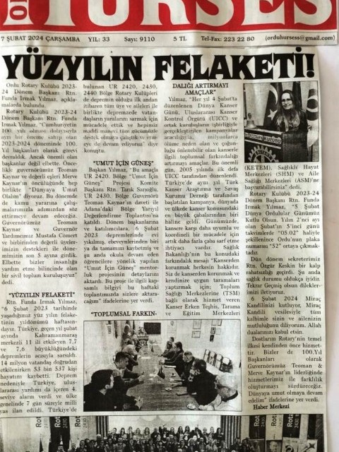 Ordu Rotary Kulübü Başkanı Rtn. Funda Irmak Yılmaz’ın, bu haftaki mesajı “Yüzyılın Felaketi” başlığı ile basında yer aldı.