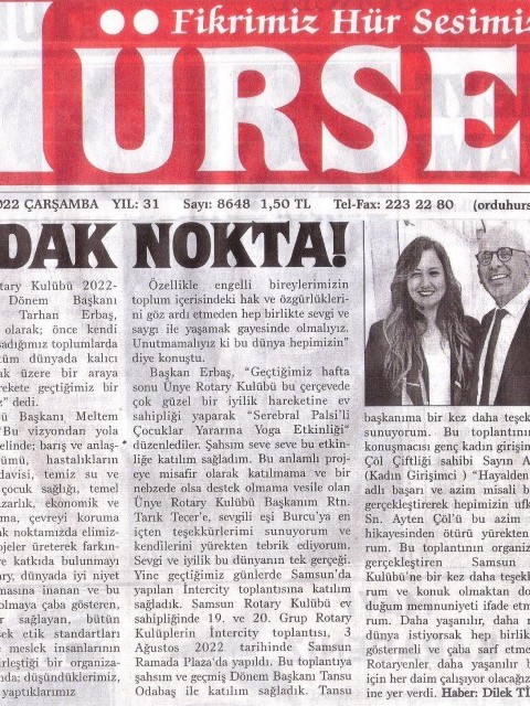Ordu Rotary Kulbübü Başkanı Rtn. Meltem Erbaş’ı bu haftaki mesajı basında yer aldı.