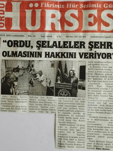 Ordu Rotary Kulübü Başkanı Rtn. Funda Irmak Yılmaz'ın bu haftaki mesajı basında.