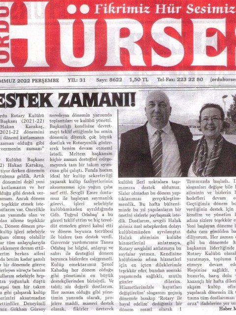 Ordu Rotary Kulübü 2021-2022 Dönem Başkanı Rtn. Hakan Karakaş’ın son mesajı basında yer aldı.