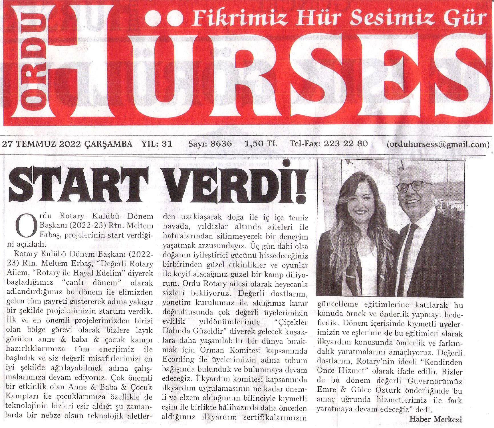 Ordu Rotary Kulübü Dönem Başkanı Rtn. Meltem Erbaş’ın mesajı “Start verdi” başlığı ile basında yer aldı.