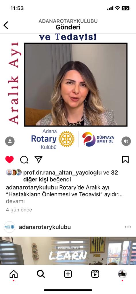 Adana Rotary Kulübü Aralık Ayında “Hastalıkların Önlenmesi ve Tedavisi” ile İlgili Bilgilendirme Videosu Paylaştı