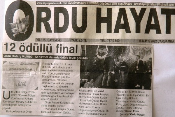 Ordu Rotary Kulübünün ödülleri “12 Ödüllü Final” başlığı ile basında yer aldı.