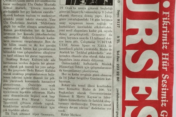 Ordu Rotary Kulübü Başkanı Rtn. Funda Irmak Yılmaz'ın mesajı basında yer aldı.