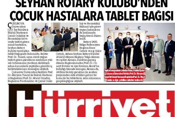 Ç.Ü BALCALI HASTANESİ ÇOCUK ONKOLOJİ VE HEMATOLOJİSİ 20 ADET TABLET TESLİM TÖRENİ