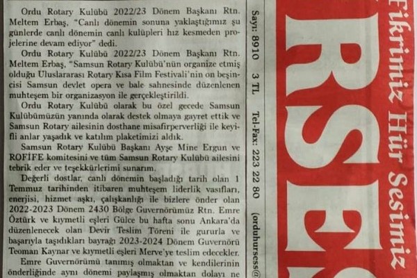 Ordu Rotary Kulübü Başkanı Rtn. Metlet Erbaş'ın  bu haftaki mesajı " Hizmet Bitmez  ve Rotary Kulübünde Birliktelik " başlığı  ile basında yer aldı.