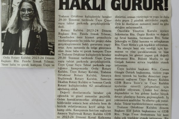 Ordu Rotary Kulübü Başkanı Rtn. Funda Irmak Yılmaz’ın bu haftaki mesajı 02.08.2023 tarihli yerel basında “HAKLI GURUR! ” başlığı ile yer aldı.