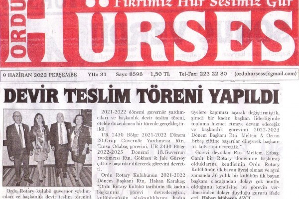 Ordu Rotary Kulübünün Devir Teslim Törenimiz Basında yer aldı.